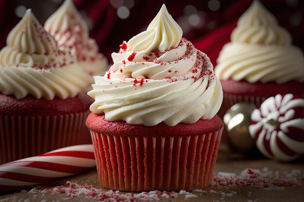 Cupcakes with cream for festive holiday red velvet cake created with generative ai