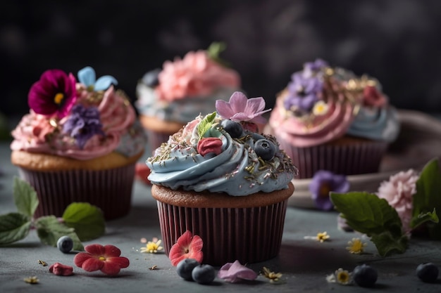 Cupcakes with floral decor in pastel colors