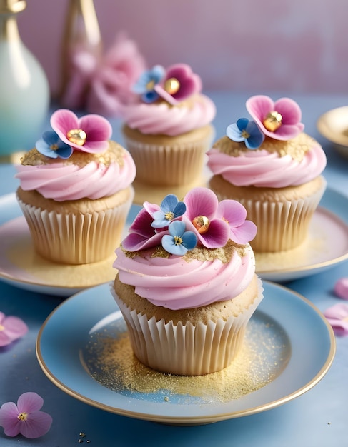 cupcakes with flowers on them and one with a flower on the top