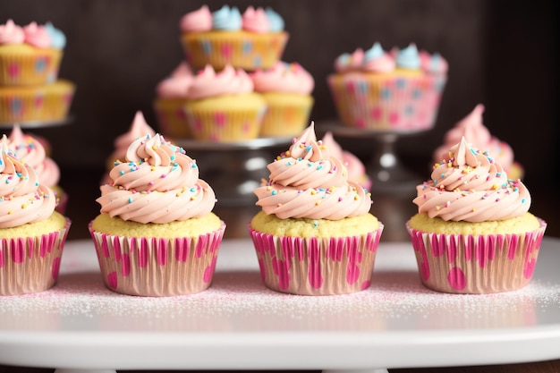 Cupcakes with pink frosting and sprinkles on a table