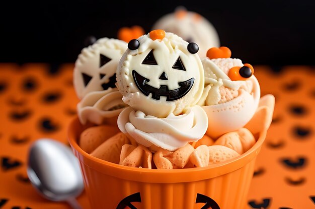 Photo a cupcakes with a pumpkin face and a pumpkin face on top of them