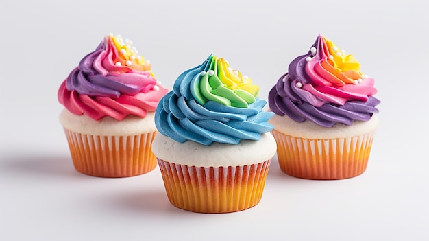 Cupcakes with rainbow frosting and rainbow frosting are on a white table.