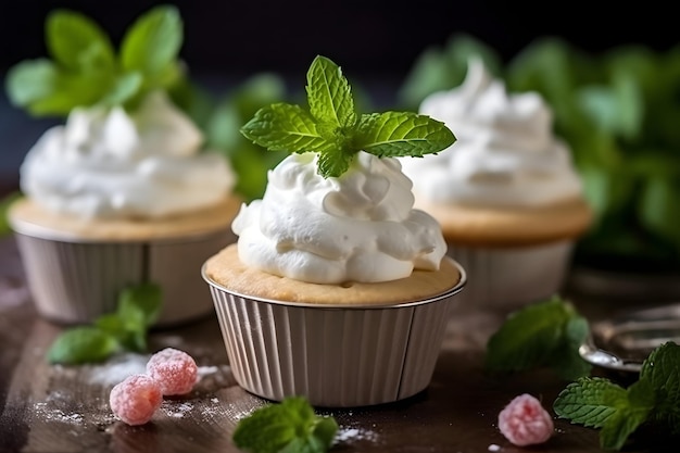 Cupcakes with whipped cream and mint leaves on a dark background