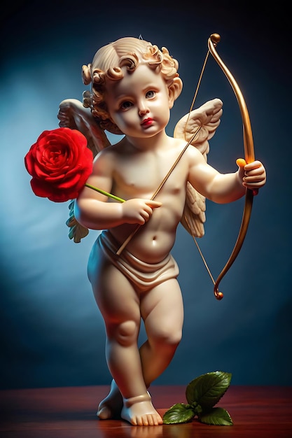 Photo cupid figure holding rose bow and arrow romantic valentines theme