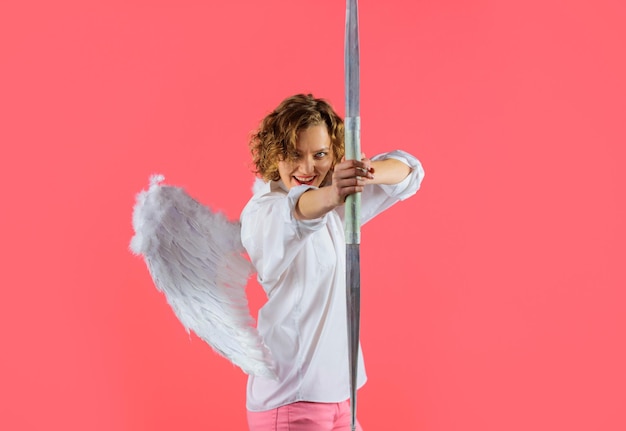 Cupid in valentines day female angel in white wings shooting with bow and arrow arrows of love