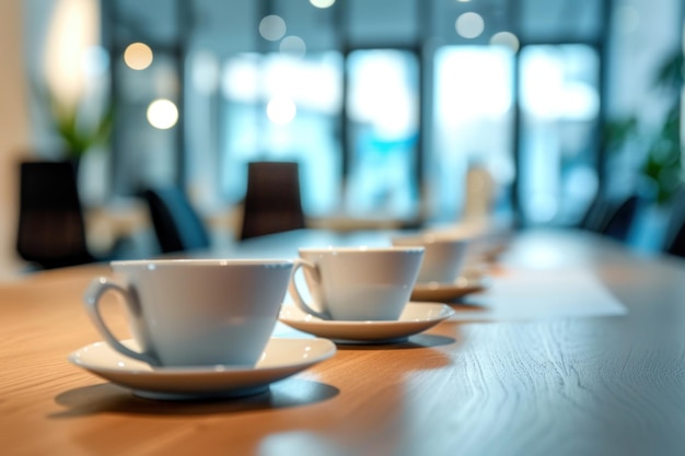 cups of coffee on the office table with people meeting background