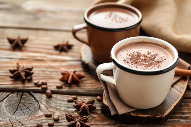 Photo cups of tasty hot chocolate on wooden background