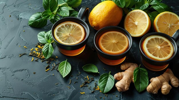 Photo cups of tea with lemon slices and ginger slices on a wooden table