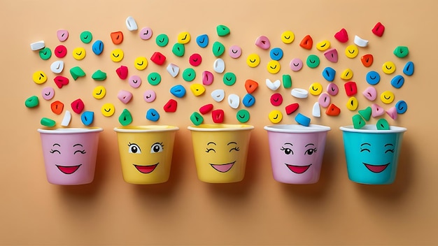 Cups with happy faces for Friendship Day on beige background