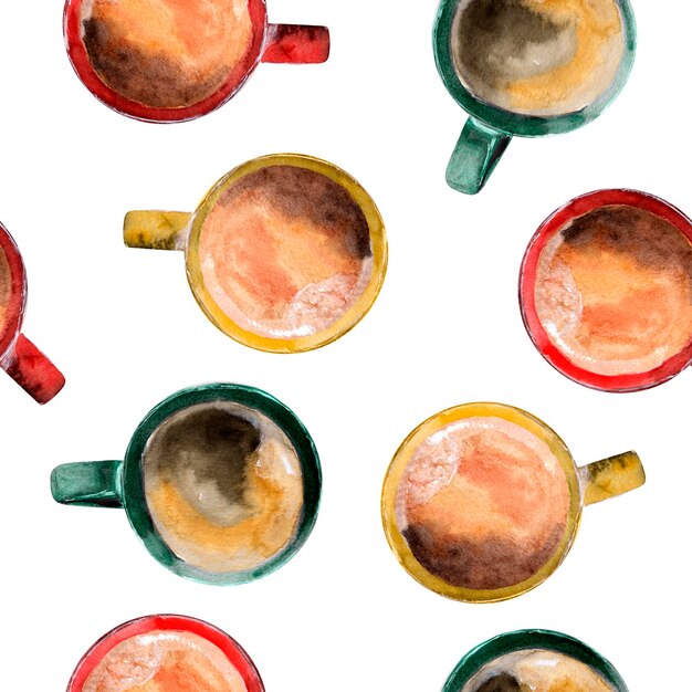 Cups with hot morning coffee and cappuccino red and green seamless pattern