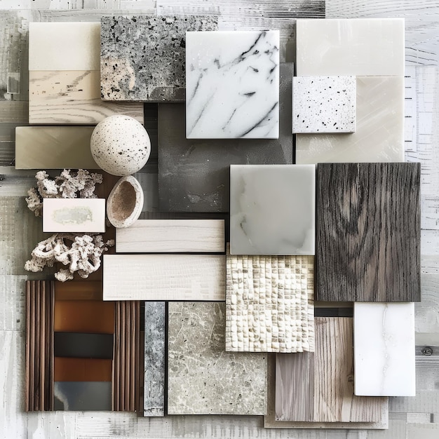 Photo curated mood board displaying interior material samples featuring diverse textures and finishes