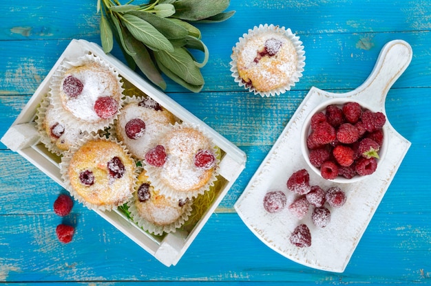 Curd cakes with raspberries, decorated with powdered sugar