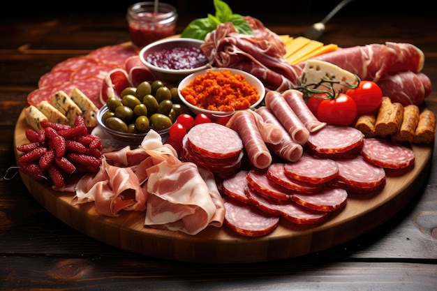 Cured meat platter of traditional tapas Snacks food with ham prosciutto salami chorizo sausage