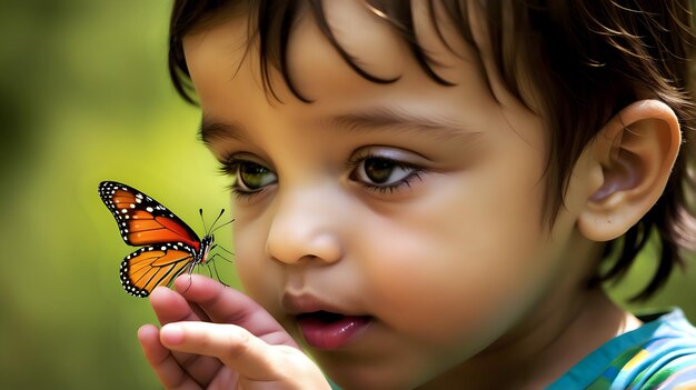 the curiosity of a butterfly perched on a curious childs nose