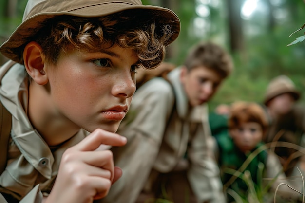 Photo curiosity in nature young explorers on an outdoor adventure in the forest