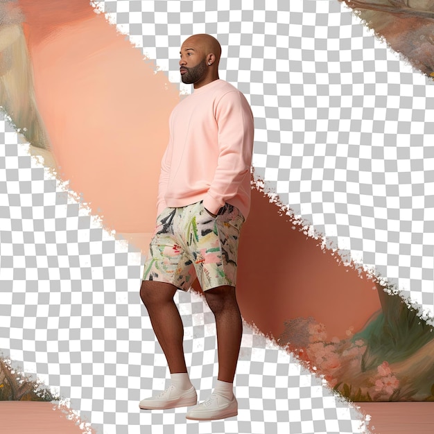 A Curious Adult Man with Bald Hair from the African American ethnicity dressed in Painter attire poses in a Back Arch with Hands on Thighs style against a Pastel Coral background