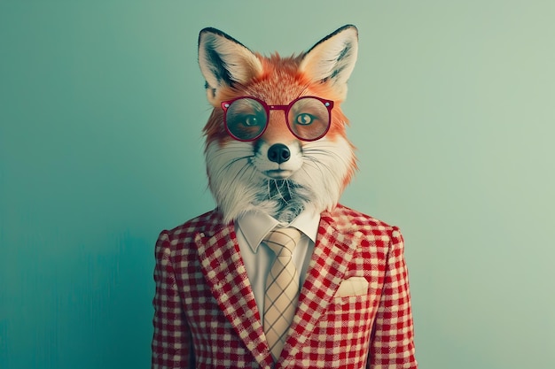 Curious Anthropomorphic Fox in Vibrant Documentary Style Suit Portrait