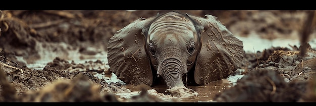 Curious baby elephant playing in mud