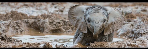 Curious baby elephant playing in mud