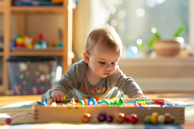 Curious Baby Enjoying Sensory Playtime on Living Room Floor in Afternoon Light