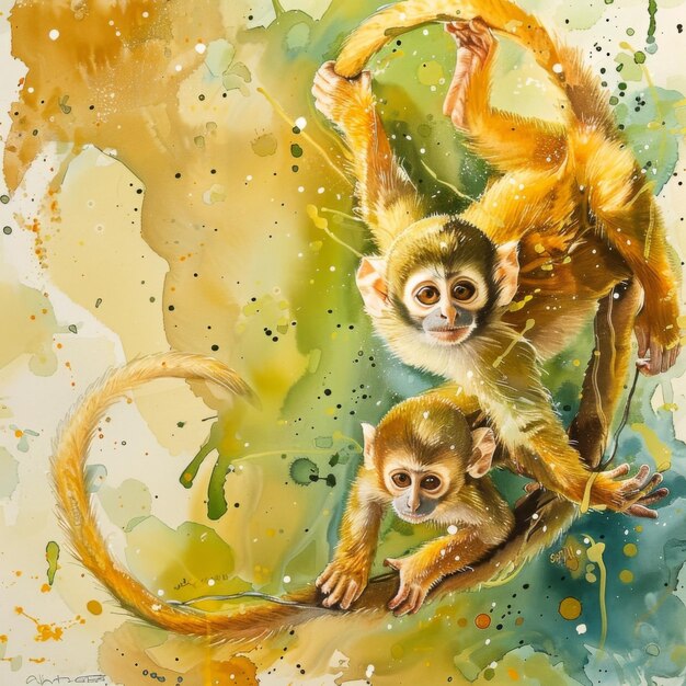 Curious Baby Monkey Swings from Mothers Tail in Vibrant Watercolor