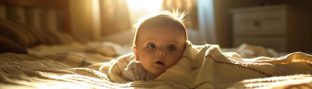 A curious baby peeking out from under a blanket in a sunlit room