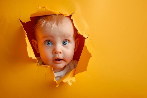 Photo curious baby peeking through a torn hole in yellow paper background