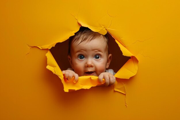 Photo curious baby peeking through a torn yellow paper hole in bright daylight