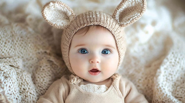 Curious Baby Wearing Playful Animal Ears Onesie Displaying a Joyful and Gentle Spirit