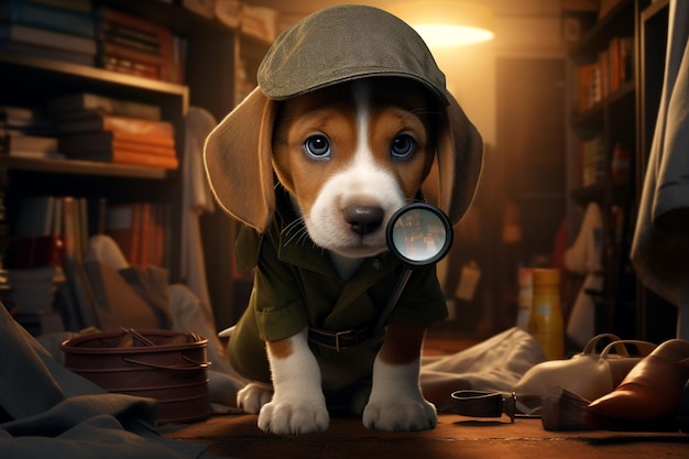 A curious Beagle puppy in a detectives trench coat 00151 02