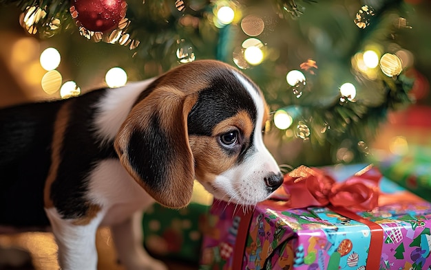 A curious beagle puppy explores wrapped Christmas gifts under the decorated tree on a festive holiday morning