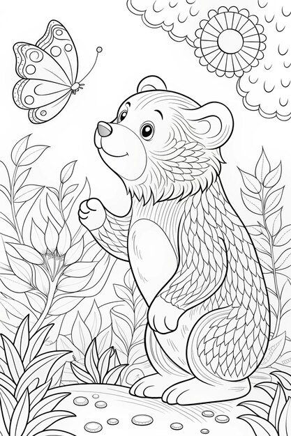 Photo curious bear watching a butterfly gentle moment coloring page