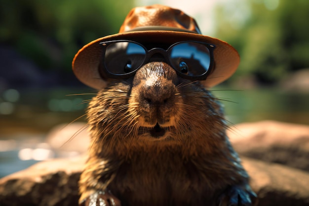 A curious beaver wearing a safari hat and sunglasses peeking out from behind a dam with a paw raised and a curious expression