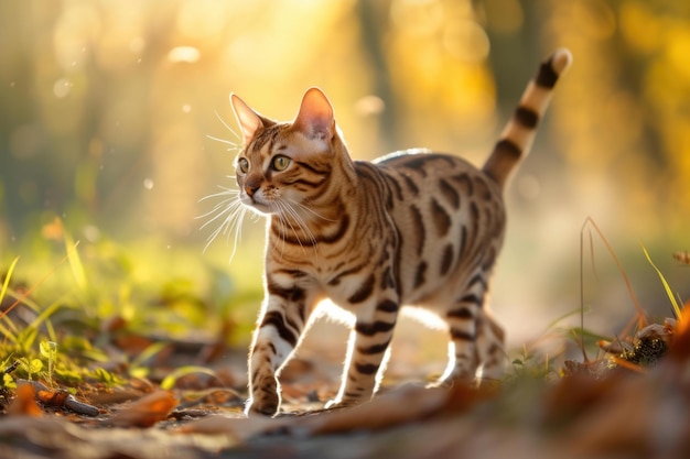 Curious Bengal cat forest walking Generate Ai