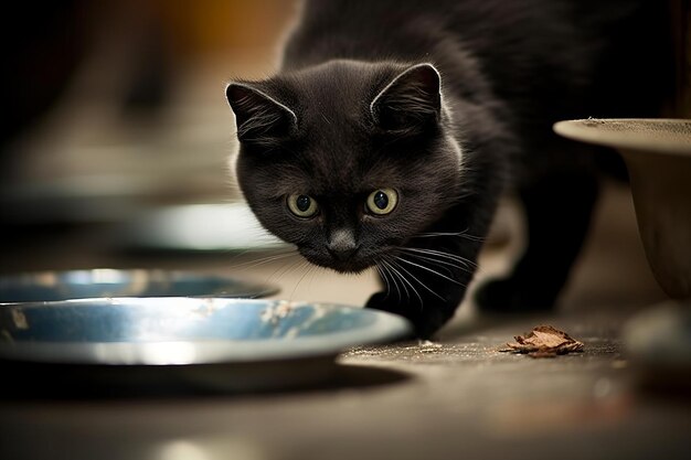 Curious Black Cat Savoring a Nutritious Meal from a Colorful Bowl Captivating Image for Pet Lovers