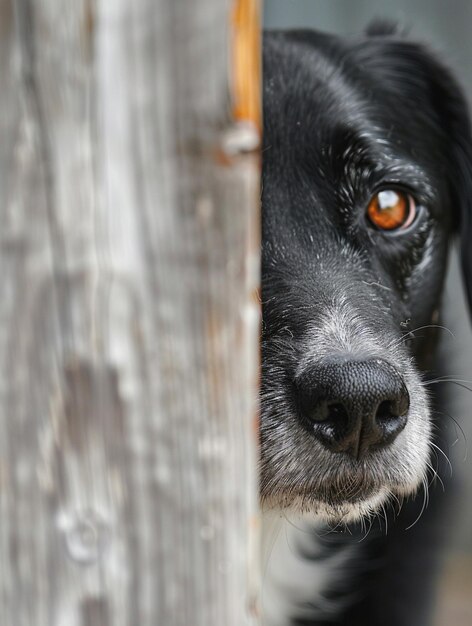 Photo curious black dog peeking from behind a wooden post