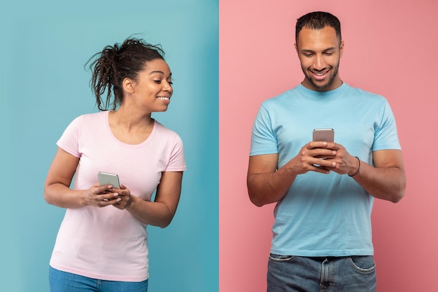 Curious black woman looking and peeking at her boyfriend39s smartphone posing over pink and blue background