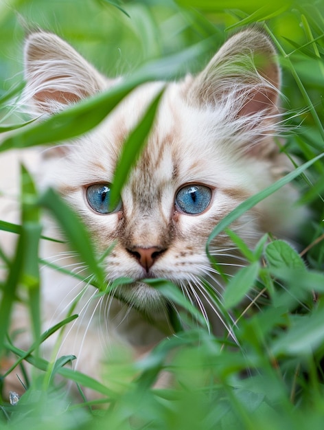 Photo curious blueeyed kitten hiding in lush green grass