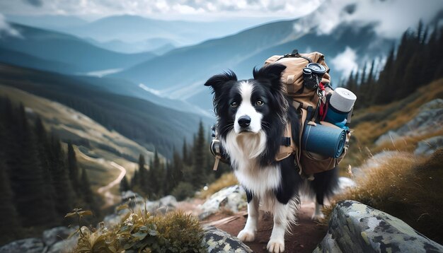 Photo a curious border collie hiking through a mountain landscape with a backpack filled with adventure