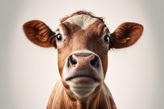 Curious brown cow with a white backdrop and a nose focused shot