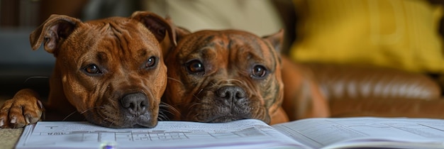 Photo curious canine companions two staffordshire bull terrier dogs intently focused on a magazine