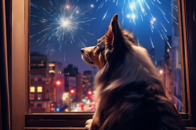 Curious Canine Dog Watching Fireworks Through Window Generative AI