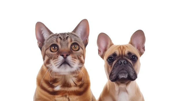 Photo curious cat and dog duo white background