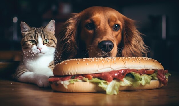 Curious cat and dog eyeing a hot dog capturing a whimsical moment of temptation Created with generative AI tools