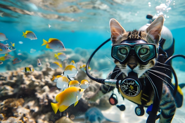 Curious Cat Explores Vibrant Underwater World with Scuba Gear Encountering Stingrays Turtles