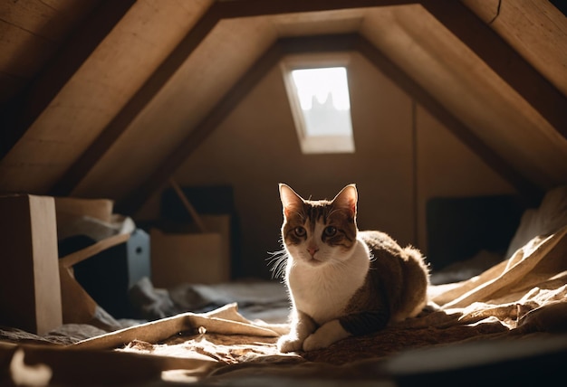 A curious cat exploring a cluttered attic