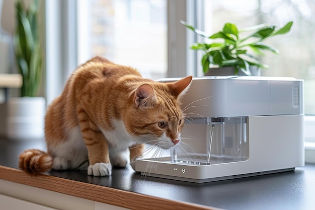 Curious Cat Inspecting Modern Water Dispenser on Kitchen Counter Near Window