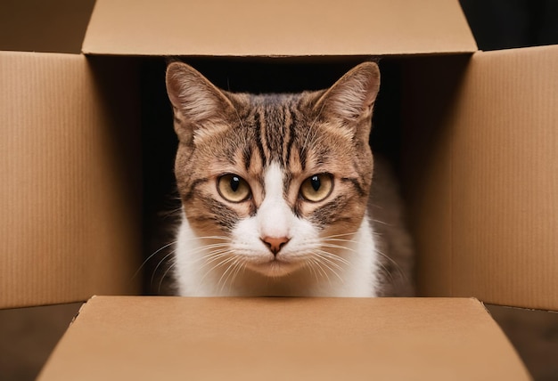 A curious cat is looking inside in the cardboard box