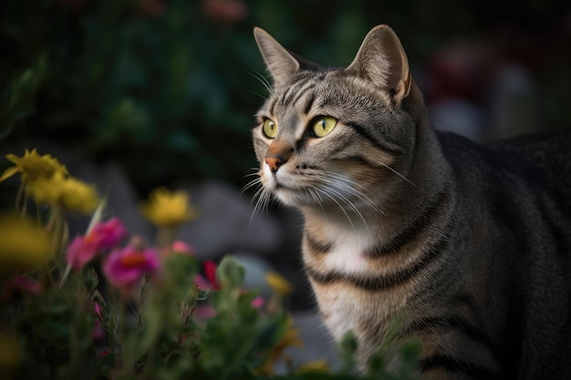 Curious cat posing in colorful garden generative IA