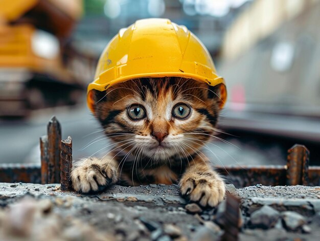 Photo curious cat wearing hard hat investigating construction site in daylight